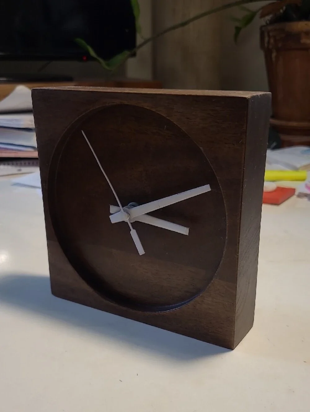 CB2 Brown Wooden Square Desk Table Clock with White Hands